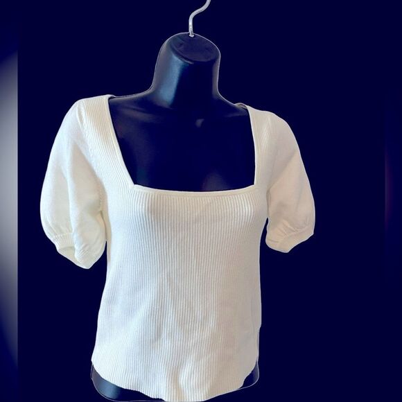 NWT square neck white ribbed crop top puff sleeves by French Connection size S. - Picture 8 of 10